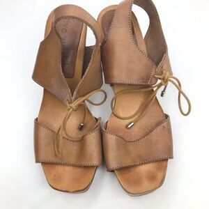 Five Worlds Brown Leather Lace Tie Stacked Heel Platform Sandals